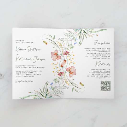 Rustic Wildflower Photo Collage QR Code Wedding 招待状 (内部)