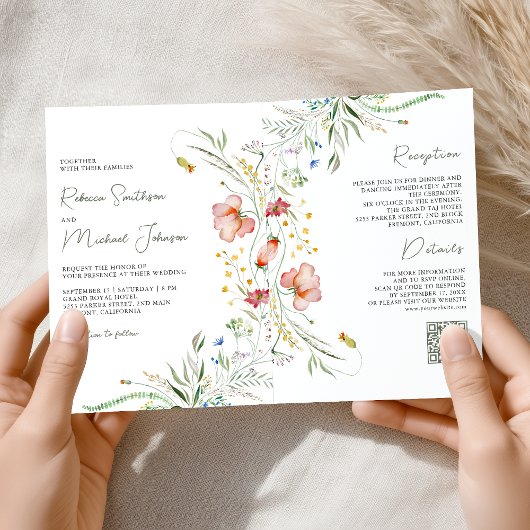 Rustic Wildflower Photo Collage QR Code Wedding 招待状