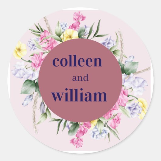 Rustic Wildflower Wedding Sticker – Folk Floral Ro ラウンドシール (正面)