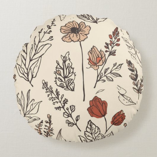 Rustic Wildflowers Vintage Botanical Sketch ラウンドクッション (正面)