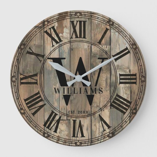 Rustic Williams Family Monogram Clock | Wood-Look  ラージ壁時計 (正面)