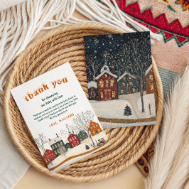 Rustic Winter Baby Shower Snow Village サンキューカード