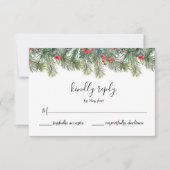 Rustic Winter Berry Pine Greenery Wedding 出欠カード (正面)