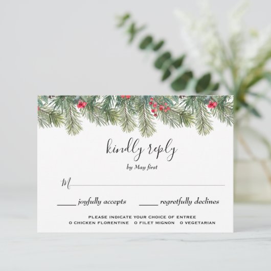 Rustic Winter Berry Pine Greenery Wedding 出欠カード (スタンド正面)