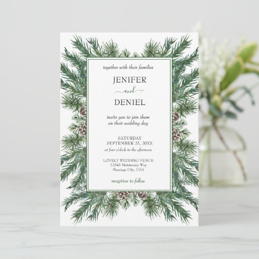 Rustic Winter Berry Pine Greenery Wedding 招待状 (スタンド正面)