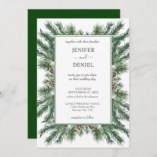 Rustic Winter Berry Pine Greenery Wedding 招待状 (正面/裏面)
