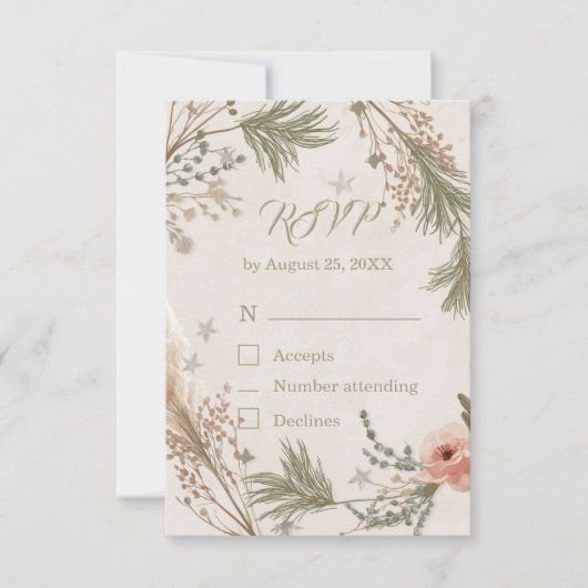 Rustic Winter Boho RSVP Card with Pine Branches サンキューカード (正面)