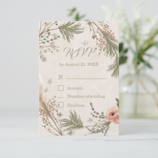 Rustic Winter Boho RSVP Card with Pine Branches サンキューカード (スタンド正面)