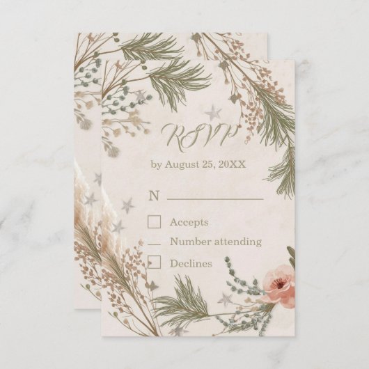 Rustic Winter Boho RSVP Card with Pine Branches サンキューカード (正面/裏面)