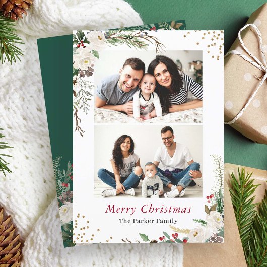 Rustic Winter Botanical Floral 2 Photos Christmas シーズンカード