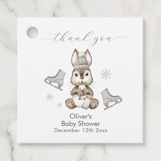 Rustic Winter Bunny Ice Skate Baby Shower フェイバータグ (正面)