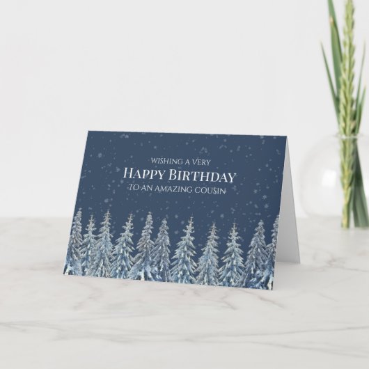Rustic Winter Forest Happy Birthday Cousin Card サンキューカード (正面)