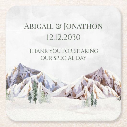 Rustic Winter Forest Mountain Wedding スクエアペーパーコースター (正面)