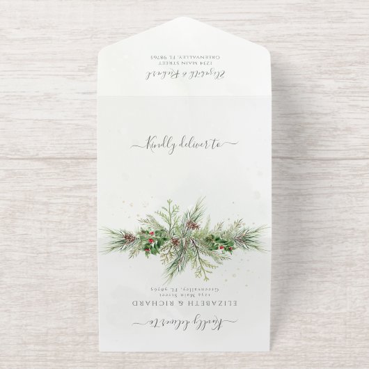 Rustic Winter Greenery Berries Pine Cone Wedding オールインワン招待状 (外側)