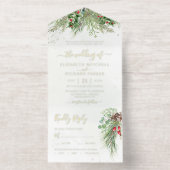Rustic Winter Greenery Berries Pine Cone Wedding オールインワン招待状 (内側)
