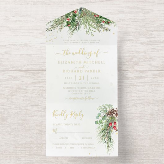 Rustic Winter Greenery Berries Pine Cone Wedding オールインワン招待状 (内側)