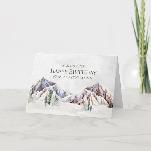 Rustic Winter Mountain Happy Birthday Cousin Card サンキューカード (正面)