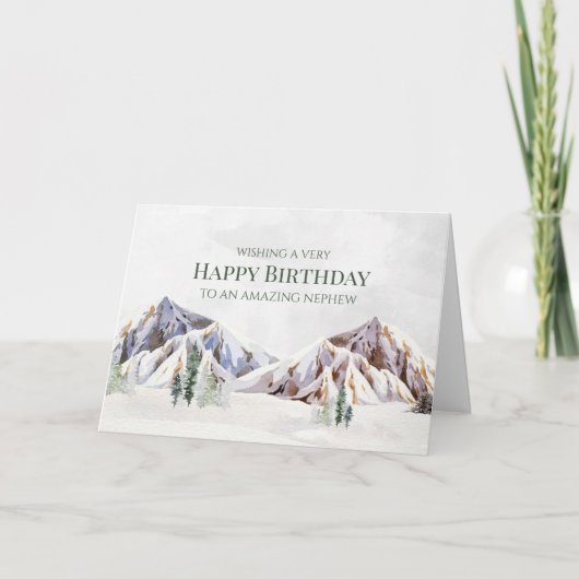 Rustic Winter Mountain Happy Birthday Nephew Card サンキューカード (正面)