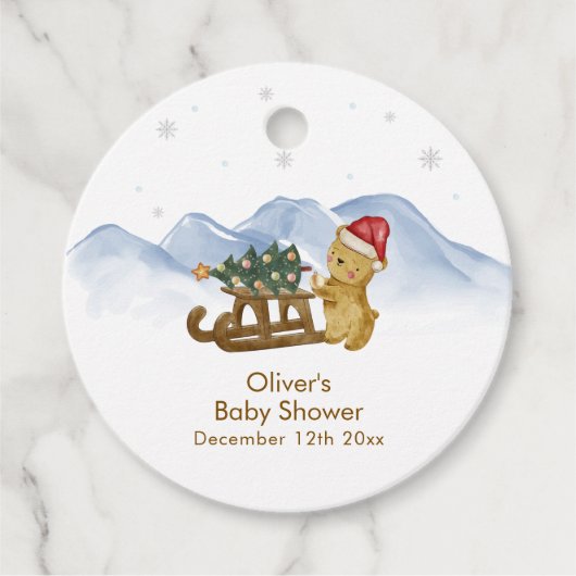 Rustic Winter Mountain Sleigh Bear Baby Shower  フェイバータグ (正面)