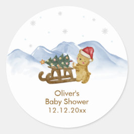 Rustic Winter Mountain Sleigh Bear Baby Shower  ラウンドシール