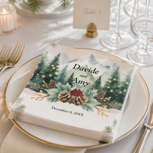 Rustic Winter Mountain Wedding| 松かさ スタンダードカクテルナプキン