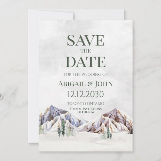 Rustic Winter Mountain Wedding Save the Date Card セーブザデート (正面)