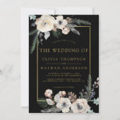 Rustic Winter Pine Floral Black Gold Frame Wedding 招待状 (正面)