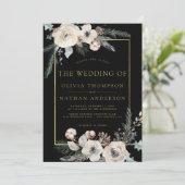 Rustic Winter Pine Floral Black Gold Frame Wedding 招待状 (スタンド正面)