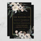 Rustic Winter Pine Floral Black Gold Frame Wedding 招待状 (正面/裏面)