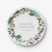 Rustic Winter Poinsettia Red Christmas Wedding ペーパープレート (正面)