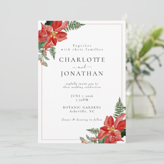 Rustic Winter Poinsettia Red Christmas Wedding 招待状 (スタンド正面)