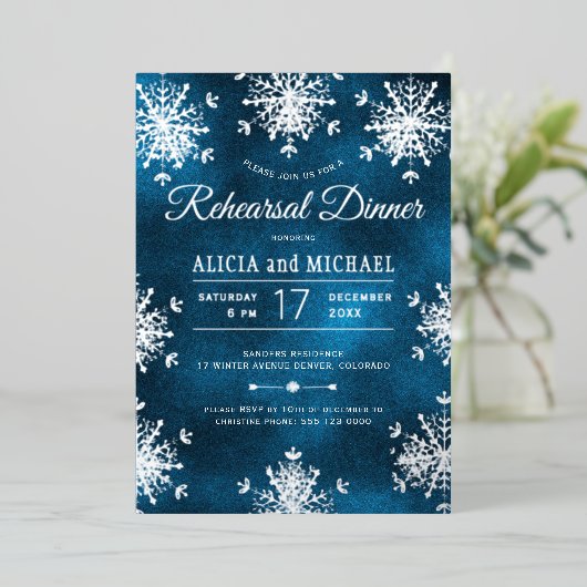 Rustic winter silver snowflakes rehearsal dinner 箔招待状 (立ち正面)