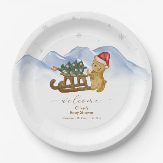 Rustic Winter Sleigh Bear Baby Shower Welcome ペーパープレート (正面)