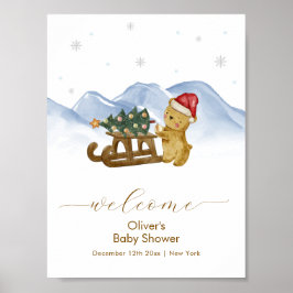 Rustic Winter Sleigh Bear Baby Shower Welcome ポスター