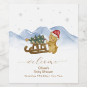 Rustic Winter Sleigh Bear Baby Shower Welcome ワインラベル (シングルラベル)