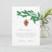 Rustic Winter Snowflake Pine cone Baby Shower サンキューカード (スタンド正面)