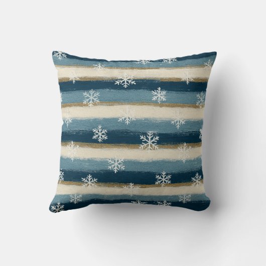 Rustic Winter Snowflakes Blue Gold Painted Stripes クッション (裏面)