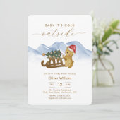 Rustic Winter Woodland Sleigh Bear Baby Shower 招待状 (スタンド正面)