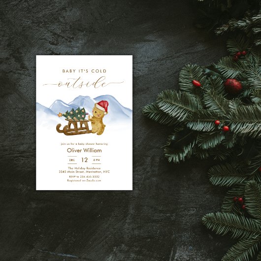 Rustic Winter Woodland Sleigh Bear Baby Shower 招待状