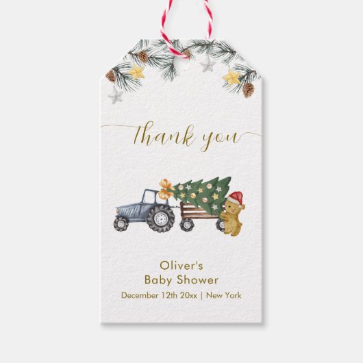 Rustic Winter X'mas Tree Tractor Bear Baby Shower ギフトタグ (正面)