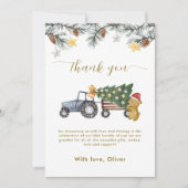 Rustic Winter X'mas Tree Tractor Bear Baby Shower  サンキューカード (正面)