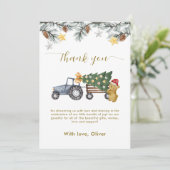 Rustic Winter X'mas Tree Tractor Bear Baby Shower  サンキューカード (スタンド正面)