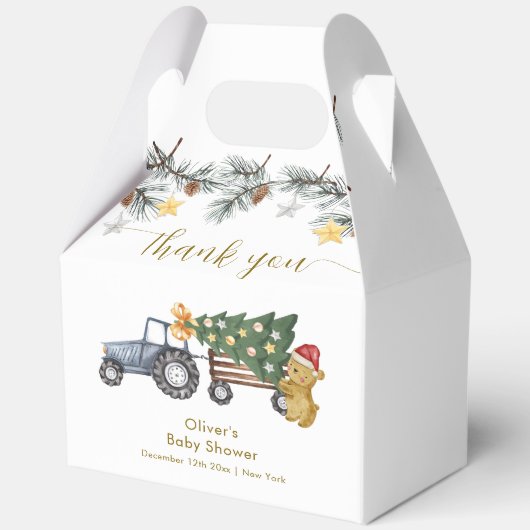 Rustic Winter X'mas Tree Tractor Bear Baby Shower  フェイバーボックス (正面)