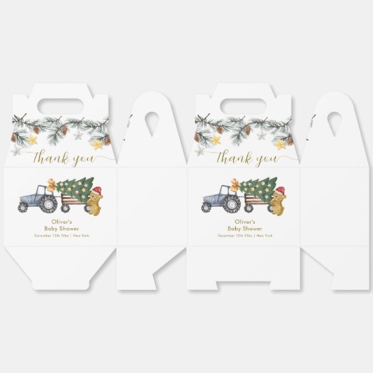 Rustic Winter X'mas Tree Tractor Bear Baby Shower  フェイバーボックス (見開き)