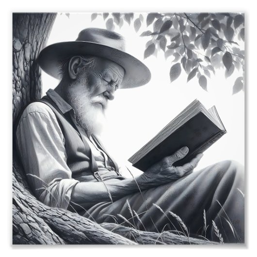 Rustic Wisdom: Bearded Man Reading Outdoors フォトプリント (正面)