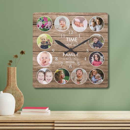 Rustic Wood 12 Photo Round Template Family Quote   スクエア壁時計
