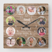 Rustic Wood 12 Photo Round Template Family Quote   スクエア壁時計 (正面)