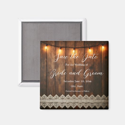 Rustic Wood and Lace Wedding Save the Date Magnet マグネット (正面/裏面)