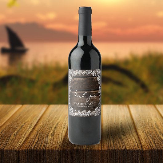 Rustic Wood and Lace Wedding Thank You ワインラベル