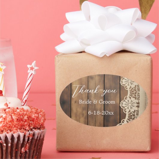 Rustic Wood and Lace Wedding Thank-you Sticker 楕円形シール (パーティー)